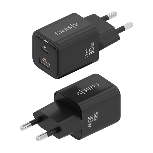AISENS - CARGADOR GaN 30W, 1xUSB-C PD3.0 QC4.0, 1xUSB-A QC3.0, NEGRO