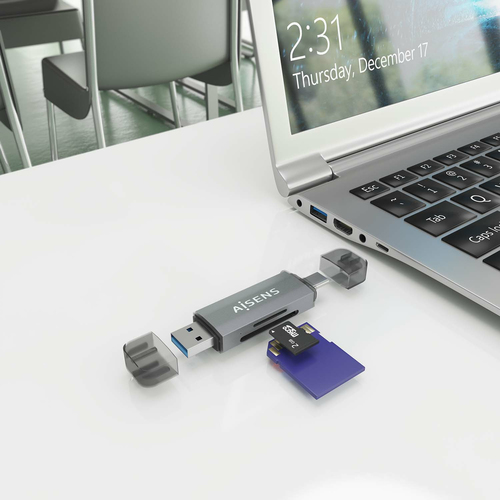 AISENS - LECTOR DE TARJETAS SD, Micro SD, MMC, RS-MMC, MMC Micro, USB-A Y USB-C, GRIS