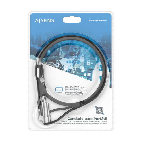 AISENS - CABLE DE SEGURIDAD TIPO NANO CON CERRADURA DE LLAVE PARA ORDENADOR, MONITOR, PORTATIL 1.5M