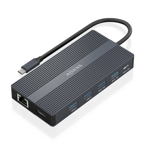 AISENS - USB-C DOCK 12 EN 1, USB-C A 2xHDMI, 1xDISPLAYPORT, 1xRJ45, 4xUSB-A, 1xUSB-C, 1xUSB-C PD, 1xSD, 1xMICRO SD, GRIS, 20CM