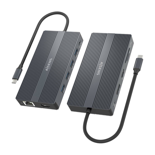 AISENS - USB-C DOCK 12 EN 1, USB-C A 2xHDMI, 1xDISPLAYPORT, 1xRJ45, 4xUSB-A, 1xUSB-C, 1xUSB-C PD, 1xSD, 1xMICRO SD, GRIS, 20CM