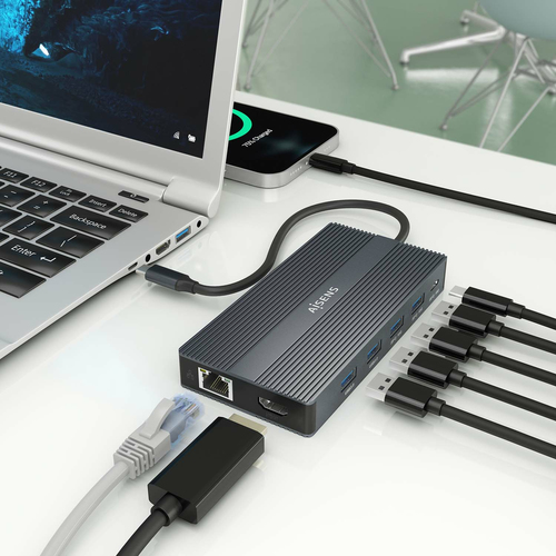 AISENS - USB-C DOCK 12 EN 1, USB-C A 2xHDMI, 1xDISPLAYPORT, 1xRJ45, 4xUSB-A, 1xUSB-C, 1xUSB-C PD, 1xSD, 1xMICRO SD, GRIS, 20CM