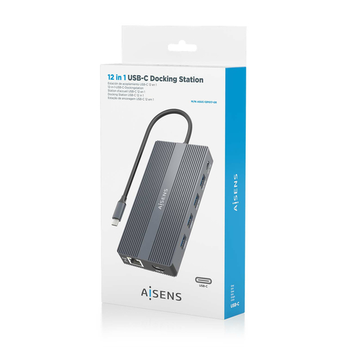AISENS - USB-C DOCK 12 EN 1, USB-C A 2xHDMI, 1xDISPLAYPORT, 1xRJ45, 4xUSB-A, 1xUSB-C, 1xUSB-C PD, 1xSD, 1xMICRO SD, GRIS, 20CM