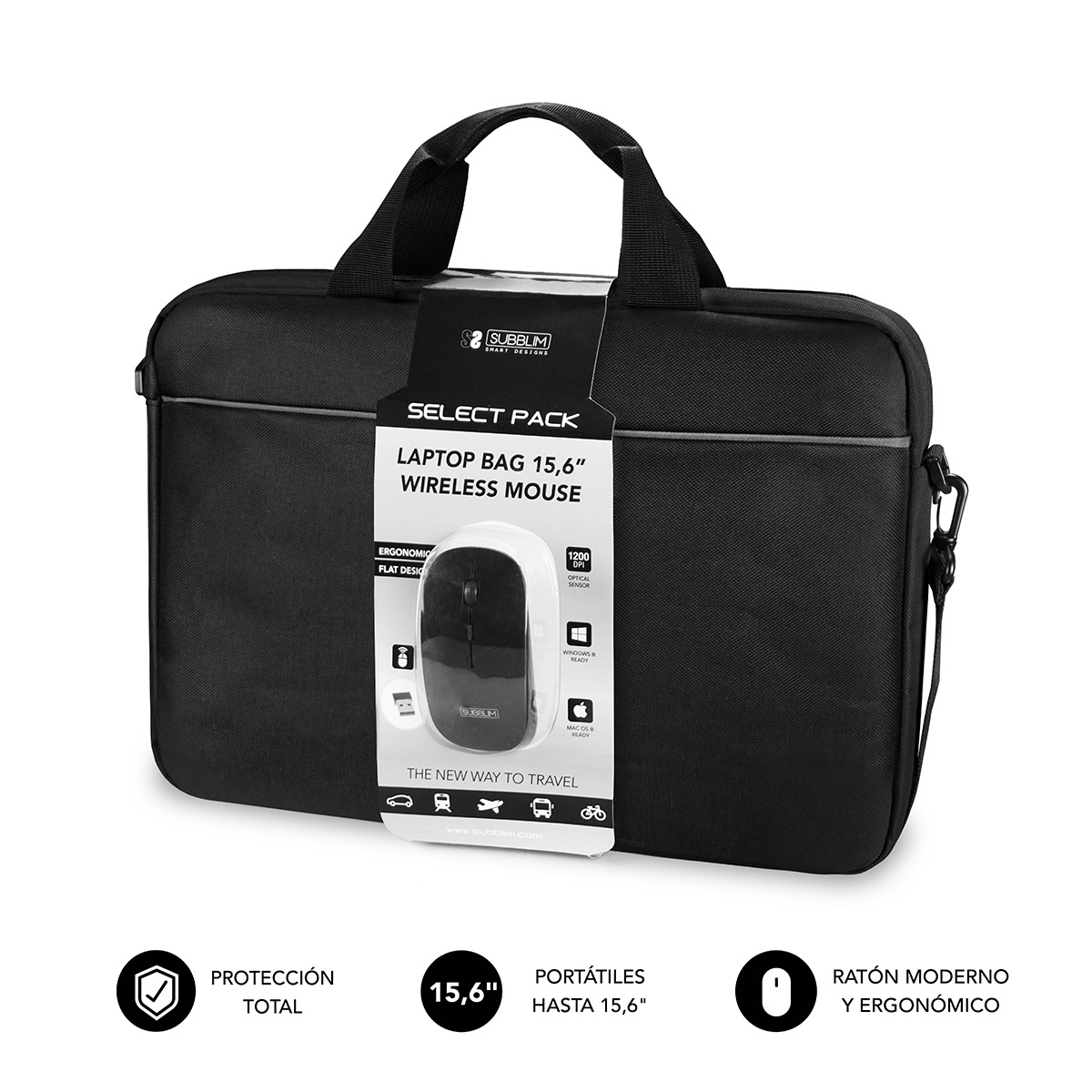 SUBBLIM Pack Raton Inalambrico + Maletin portatil 15,6"