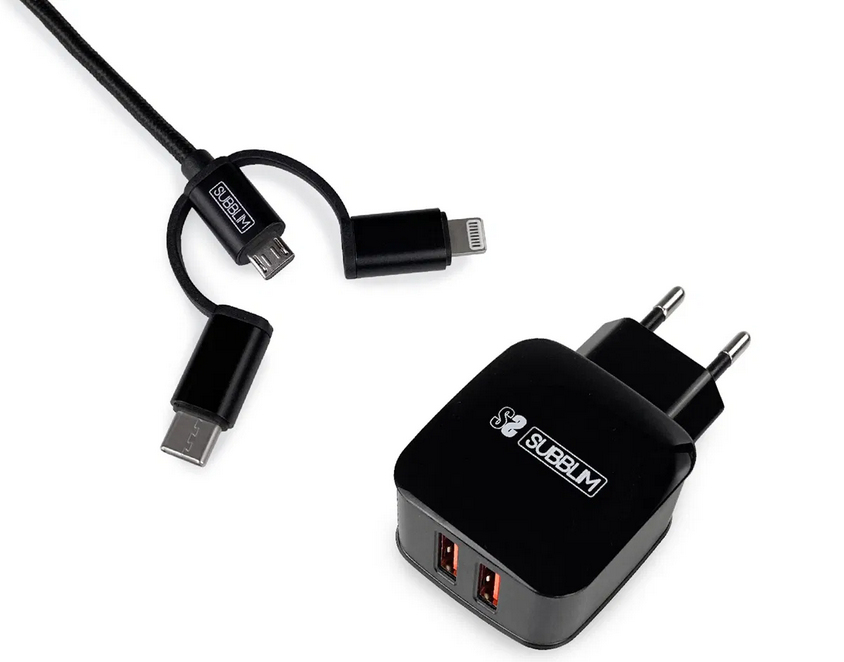 SUBBLIM Cargador ABS Dual Wall Charger 2.4A+Cable 3in1 Black