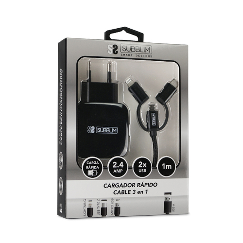 SUBBLIM Cargador ABS Dual Wall Charger 2.4A+Cable 3in1 Black
