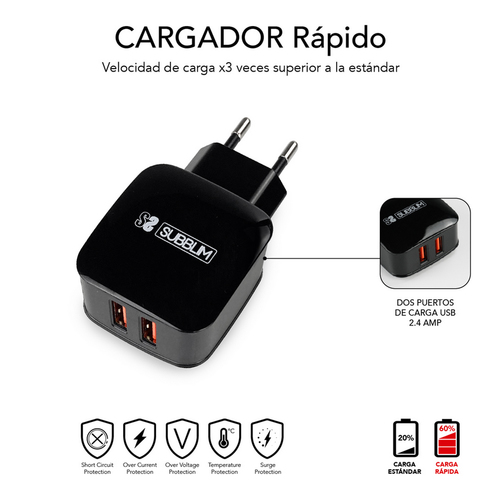 SUBBLIM Cargador ABS Dual Wall Charger 2.4A+Cable 3in1 Black