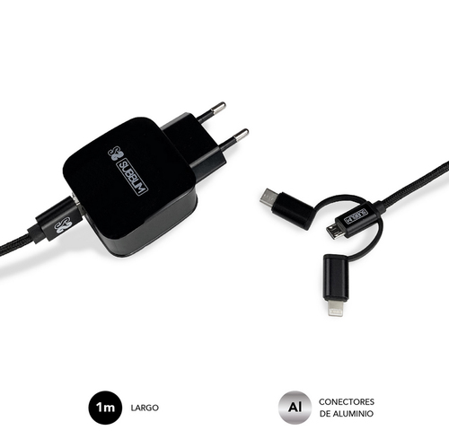 SUBBLIM Cargador ABS Dual Wall Charger 2.4A+Cable 3in1 Black