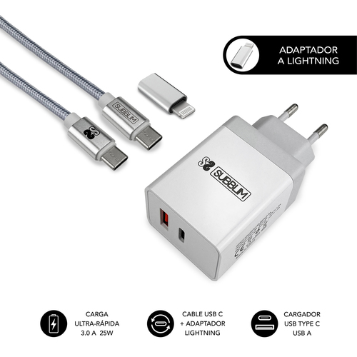 SUBBLIM Cargador Smart charger PD25W+QC3.0+C to C/Lightning cable W
