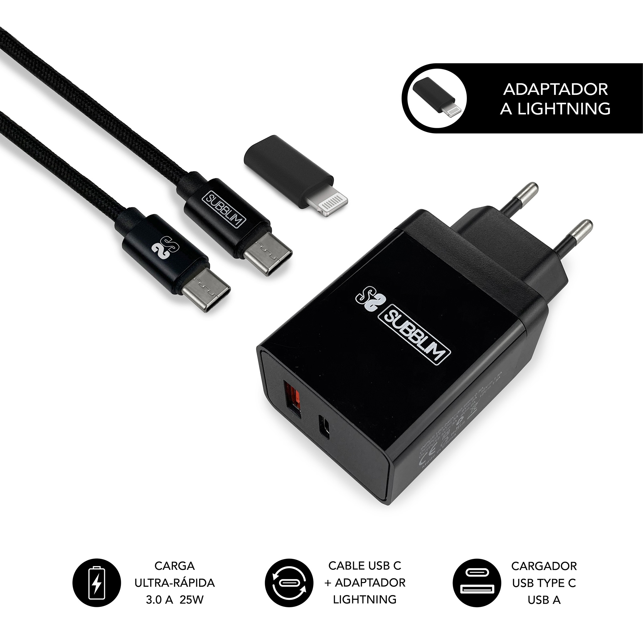 SUBBLIM Cargador Smart charger PD25W+QC3.0+C to C/Lightning cable B
