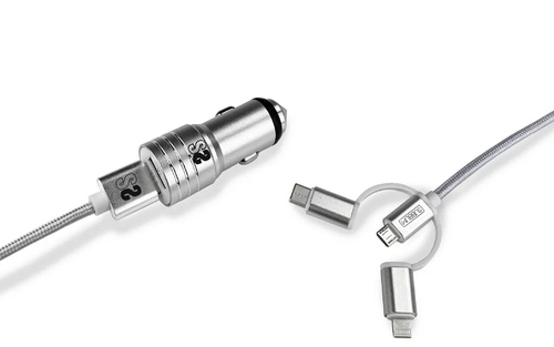 SUBBLIM Cargador coche Dual Alum 2.4A + Cable 3 in1 Silver