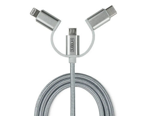 SUBBLIM Cargador coche Dual Alum 2.4A + Cable 3 in1 Silver
