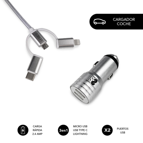 SUBBLIM Cargador coche Dual Alum 2.4A + Cable 3 in1 Silver