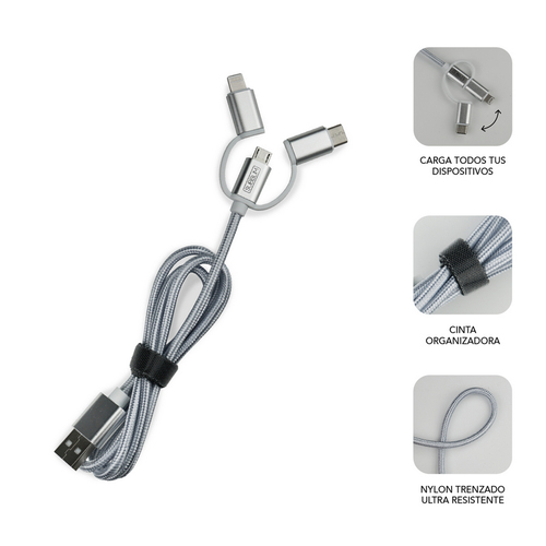 SUBBLIM Cargador coche Dual Alum 2.4A + Cable 3 in1 Silver