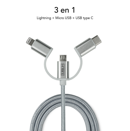 SUBBLIM Cargador coche Dual Alum 2.4A + Cable 3 in1 Silver