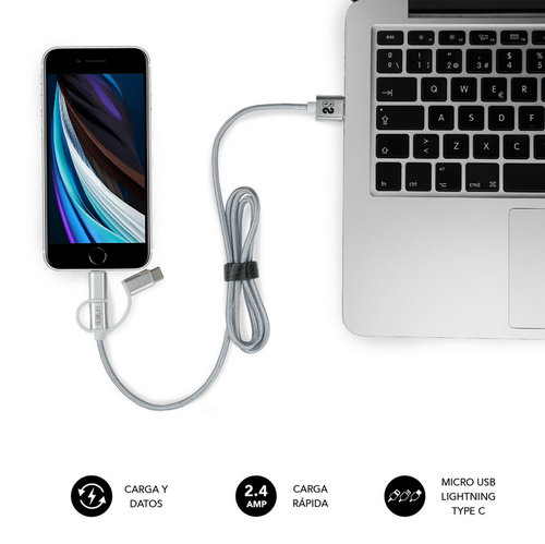 SUBBLIM Cargador coche Dual Alum 2.4A + Cable 3 in1 Silver