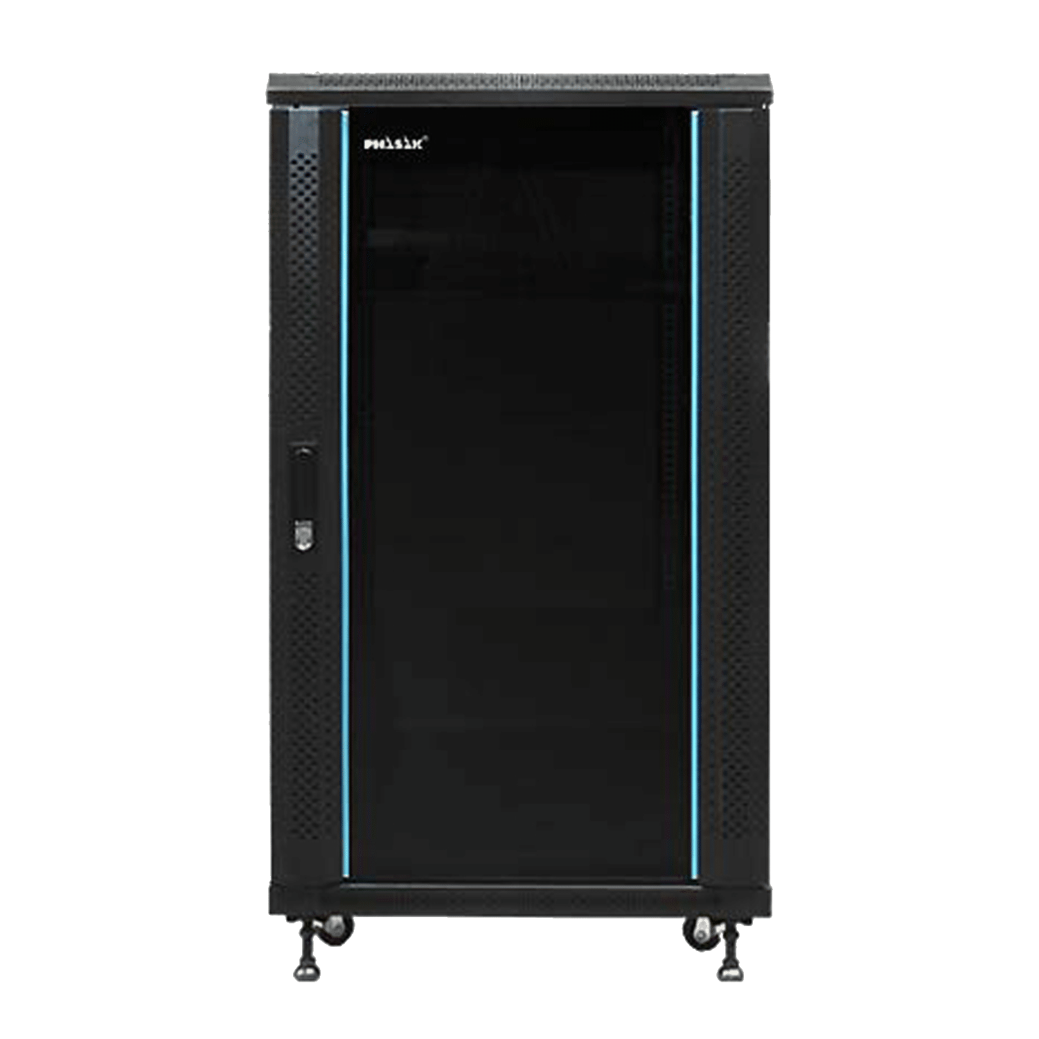 PHASAK Armario Rack 19" Phasak Pro 18U 600x600 Montado (Incluye: 2 bandejas de 19? + Regleta electrica 19? + Juego de ruedas + Ventilacion)