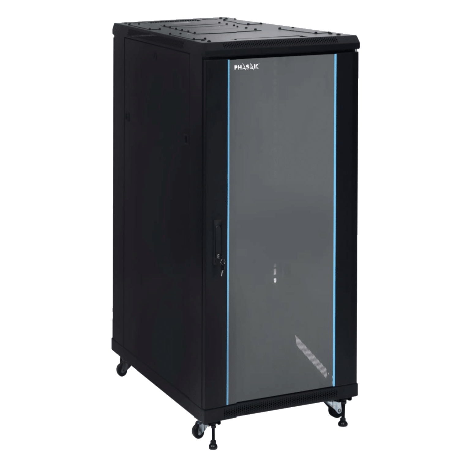 PHASAK Armario Rack 19" Phasak Pro 27U 600x600 Montado (Incluye: 2 bandejas de 19? + Regleta electrica 19? + Juego de ruedas + Ventilacion)