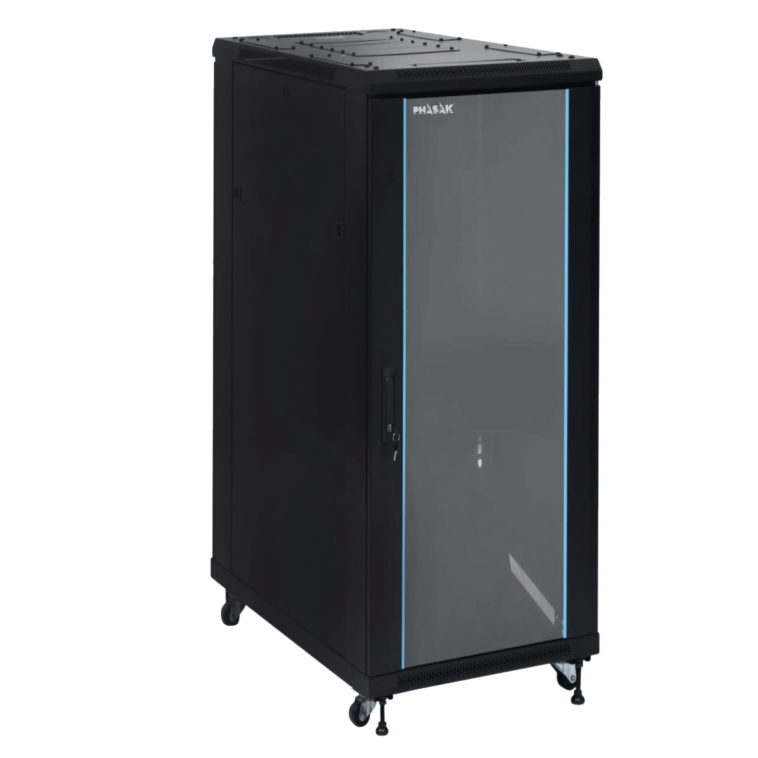 PHASAK Armario Rack 19" Phasak Pro 32U 600x600 Montado (Incluye: 2 bandejas de 19? + Regleta electrica 19? + Juego de ruedas + Ventilacion)