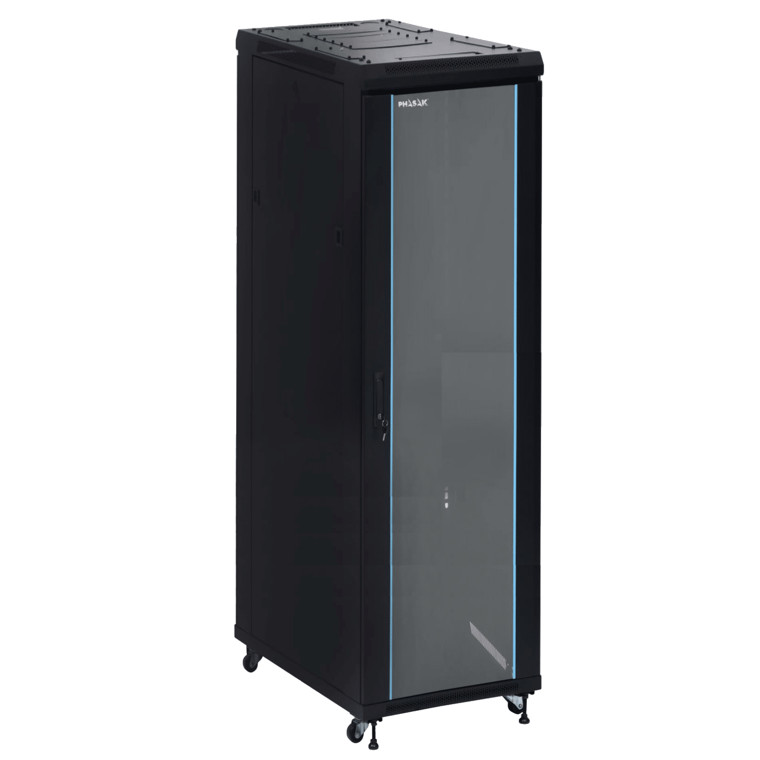PHASAK Armario Rack 19" Phasak Pro 42U 600x600 Montado (Incluye: 2 bandejas de 19? + Regleta electrica 19? + Juego de ruedas + Ventilacion)