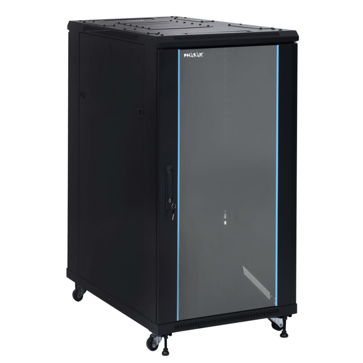 PHASAK Armario Rack 19" Phasak Pro 22U 600x800 Montado (Incluye: 2 bandejas de 19? + Regleta electrica 19? + Juego de ruedas + Ventilacion)