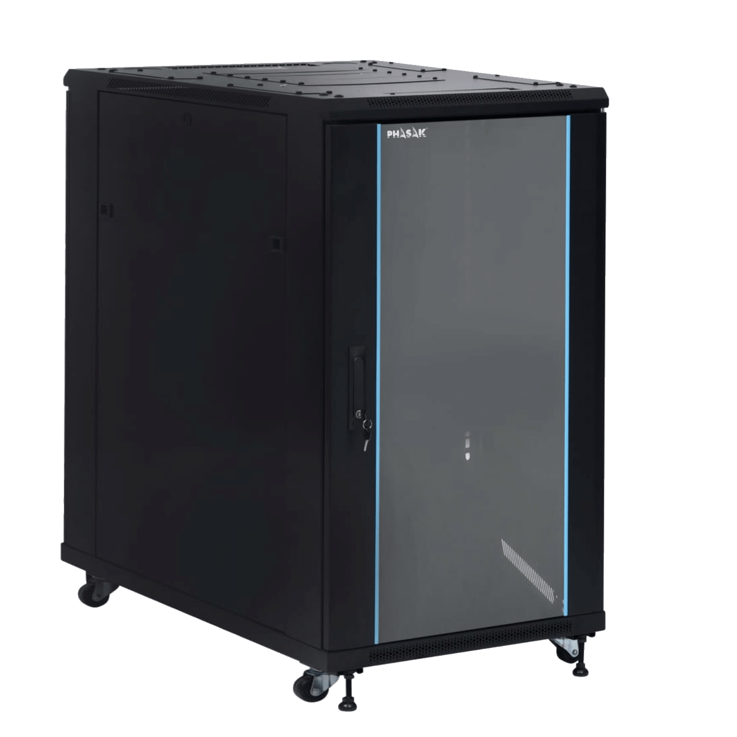 PHASAK Armario Rack 19" Phasak Pro 22U  600x1000 Montado (Incluye: 2 bandejas de 19? + Regleta electrica 19? + Juego de ruedas +  Ventilacion)