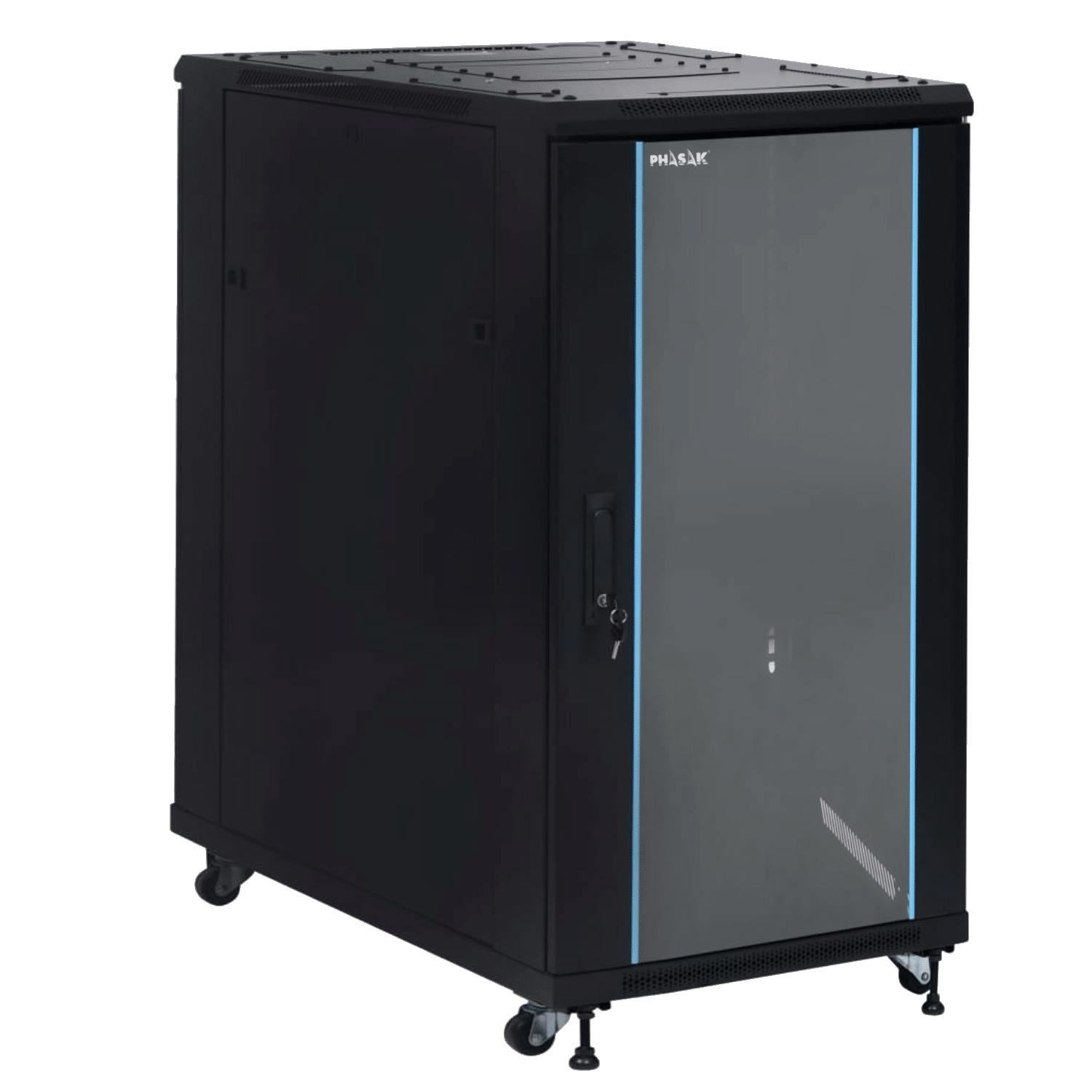PHASAK Armario Rack 19" Phasak Pro 27U 600x1000 Montado (Incluye: 2 bandejas de 19? + Regleta electrica 19? + Juego de ruedas + Ventilacion)