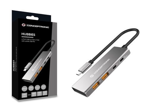 Conceptronic HUBBIES15G 4-Port USB 3.2 Gen 2 Hub, 10Gbps, USB-C x 2, USB-C  a W Usb PD/Aluminum