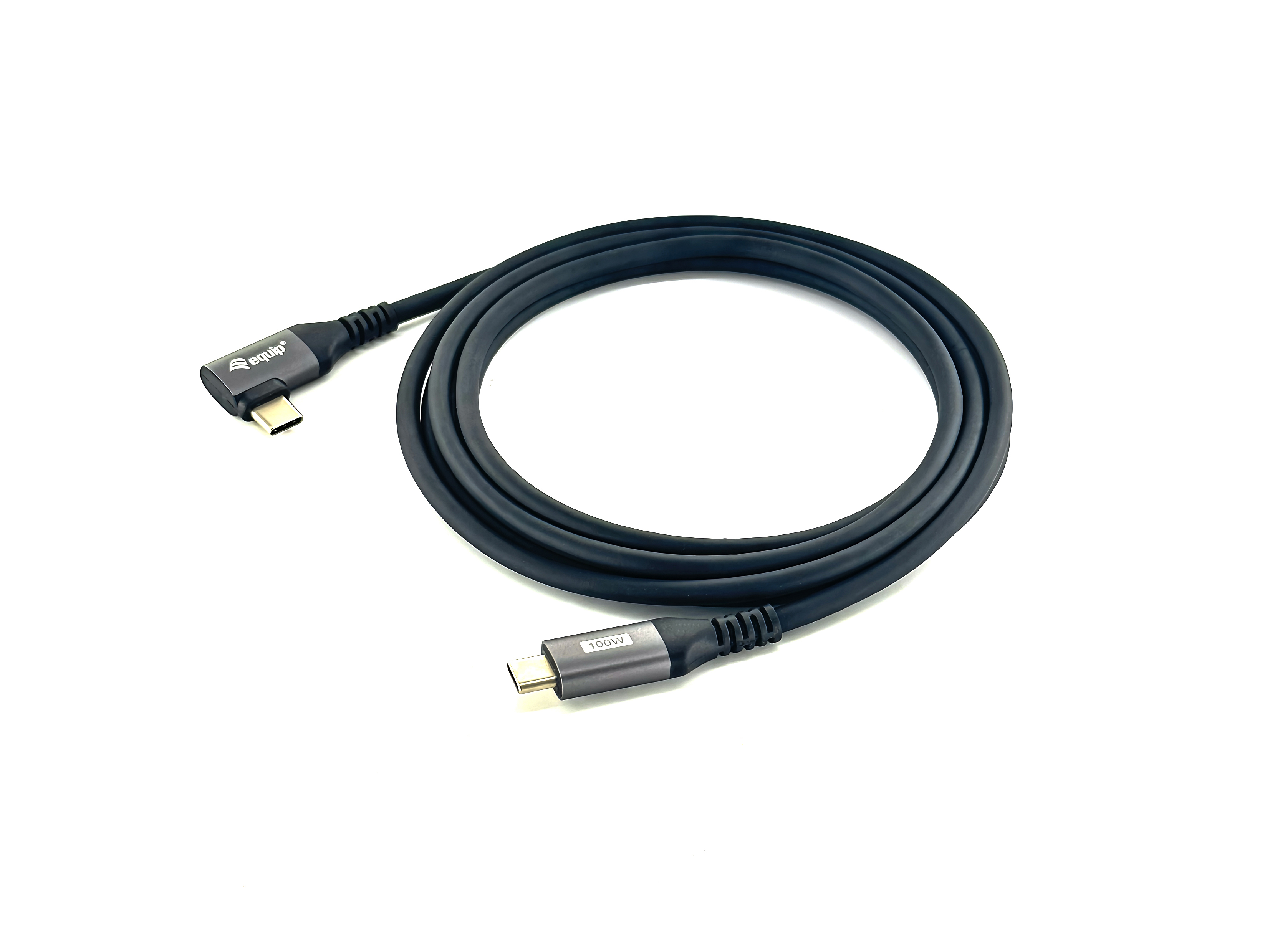 Equip Cable USB-C 2.0 Macho Macho Acodado 90° 100W Con Chip E-Mark Color Negro 1.0m Malla algodon trenzado Carcasa Conector Aluminio