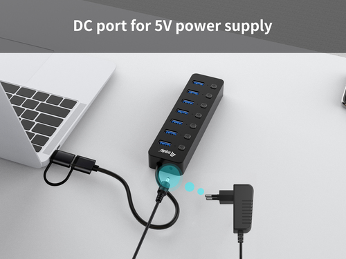 Equip Hub USB-C 3.2 Gen1 7xUSB-A Con Interruptores Adaptador USB-A y Alimentador