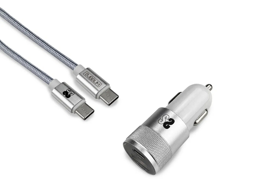 SUBBLIM Cargador Dual PD Car Charger PD18W+QC3.0 + C to C cable Silver