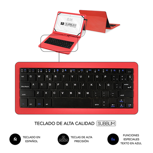 SUBBLIM funda de tablet con teclado usb KEYTAB PRO USB 10,1" Red