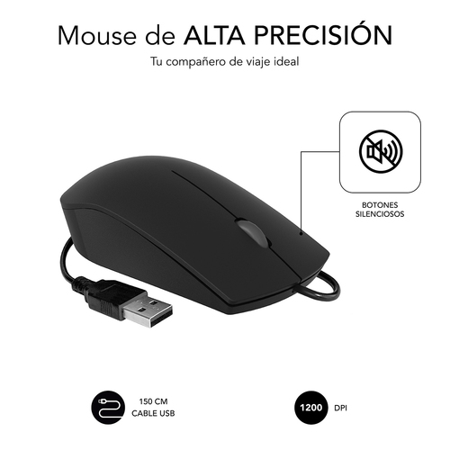 SUBBLIM Raton Business Silencioso con cable USB 1200 DPI Negro