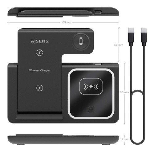 AISENS - CARGADOR INALAMBRICO USB-C 3 EN 1 DE 15W PARA MOVIL, APPLE WATCH, ARICULARES CON ESTUCHE DE CARGA, NEGRO