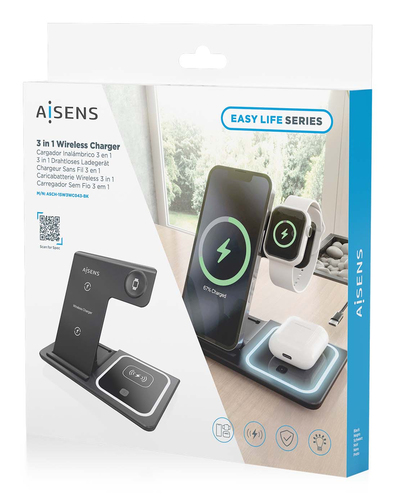 AISENS - CARGADOR INALAMBRICO USB-C 3 EN 1 DE 15W PARA MOVIL, APPLE WATCH, ARICULARES CON ESTUCHE DE CARGA, NEGRO