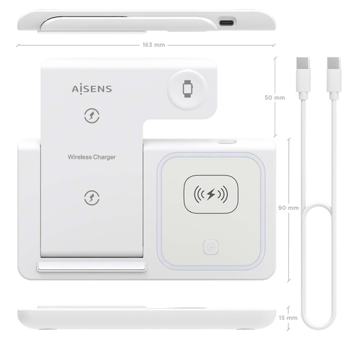 AISENS - CARGADOR INALAMBRICO USB-C 3 EN 1 DE 15W PARA MOVIL, APPLE WATCH, ARICULARES CON ESTUCHE DE CARGA, BLANCO