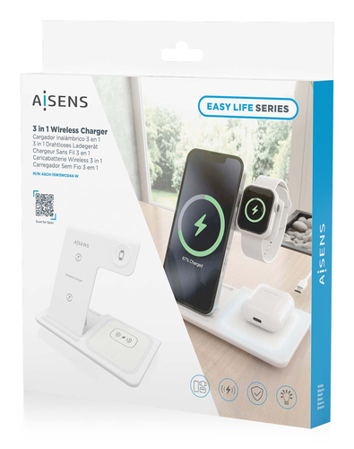 AISENS - CARGADOR INALAMBRICO USB-C 3 EN 1 DE 15W PARA MOVIL, APPLE WATCH, ARICULARES CON ESTUCHE DE CARGA, BLANCO