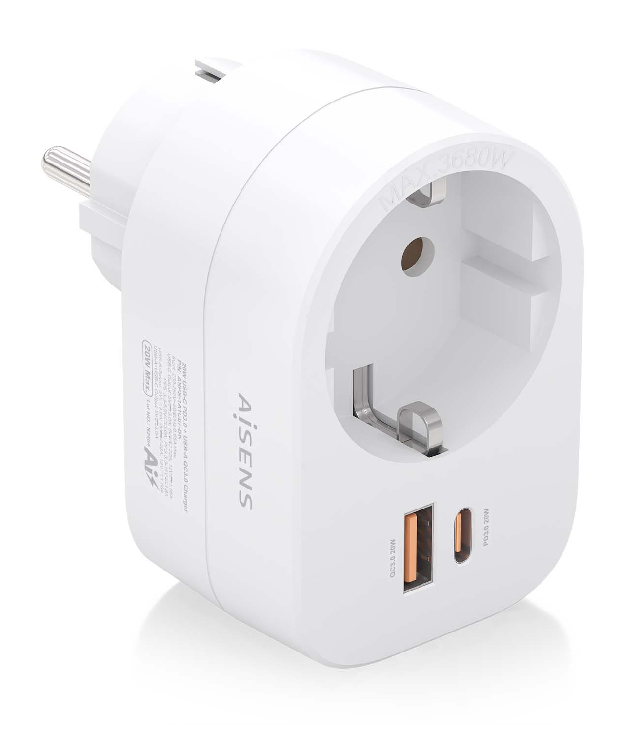 AISENS - REGLETA DE PARED MULTIFUNCION CON 1 TOMA + 1xUSB-C 20W PD3.0, 1xUSB-A 20W QC3.0, BLANCO