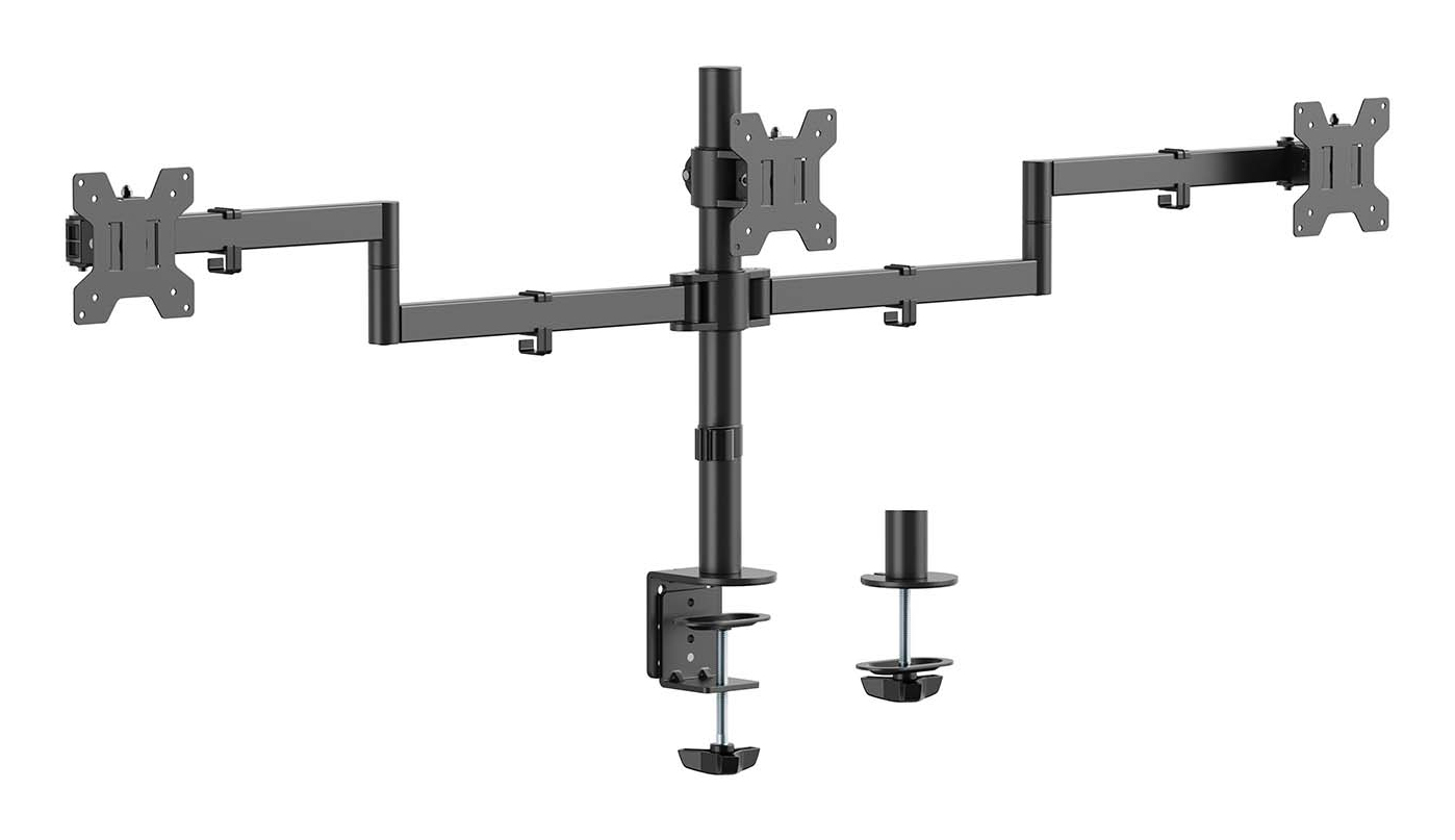 AISENS - SOPORTE DE MESA ECO GIRATORIO E INCLINABLE PARA 3 MONITORES 10KG (3 PIVOTES, 2 BRAZOS) DE 13-27, NEGRO