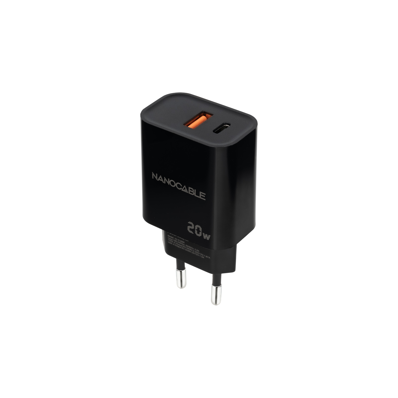 NANOCABLE CARGADOR USB-C/PD + USB-A/QC 20W NEGRO