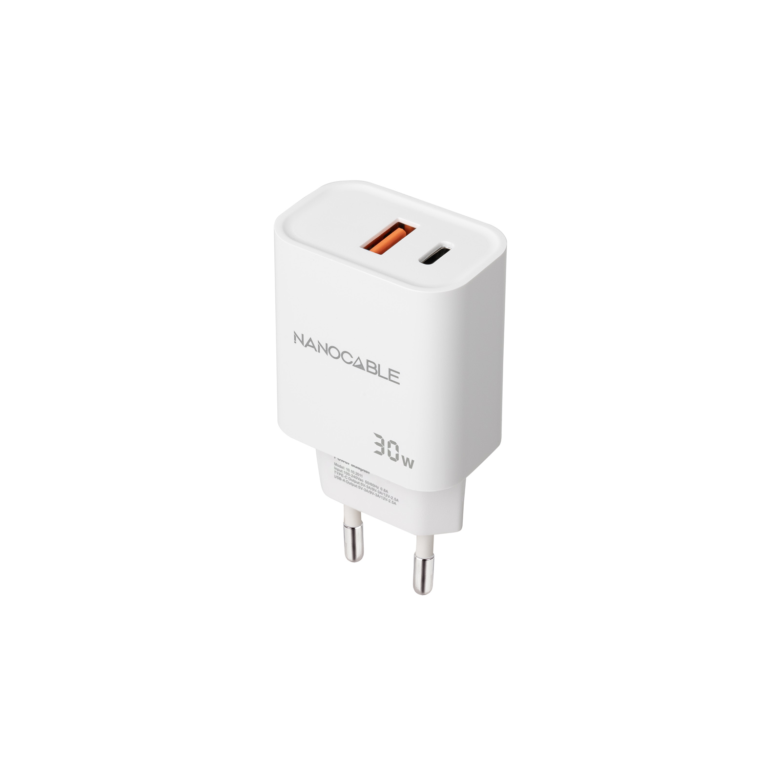 NANOCABLE CARGADOR USB-C/PD + USB-A/QC 30W BLANCO