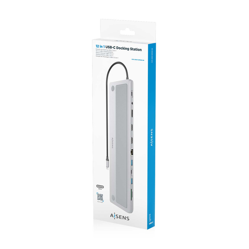 AISENS - USB-C DOCK 12 EN 1, USB-C A 2xHDMI, 1xDISPLAYPORT, 1xRJ45, 3xUSB-A, 1xUSB-C, 1xUSB-C PD, 1xSD, 1xMICRO SD, 1xAudio, GRIS, 30CM