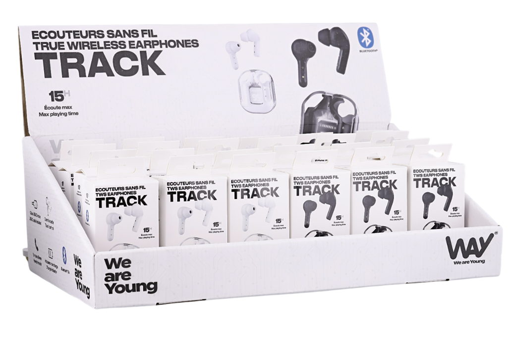 TNB WAY - Pack expositor + 24 Auriculares TRACK TWS con estuche e indicador de carga  - 12 negros + 12 Blancos