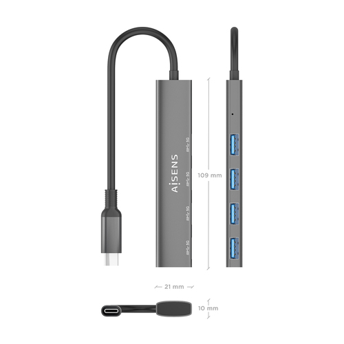 AISENS - HUB USB 3.1 USB-C, USB-C/M-4xTIPO A/H, GRIS, 15CM