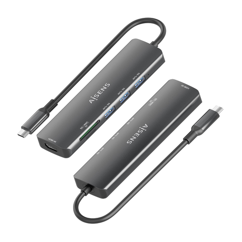 AISENS - USB-C DOCK 6 EN 1, USB-C A 1xHDMI, 3xUSB-A, 1xSD, 1xMICRO SD, GRIS, 15CM