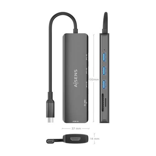 AISENS - USB-C DOCK 6 EN 1, USB-C A 1xHDMI, 3xUSB-A, 1xSD, 1xMICRO SD, GRIS, 15CM