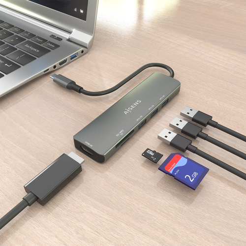 AISENS - USB-C DOCK 6 EN 1, USB-C A 1xHDMI, 3xUSB-A, 1xSD, 1xMICRO SD, GRIS, 15CM