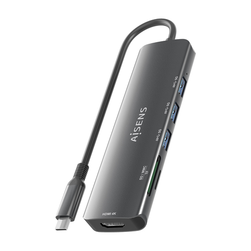 AISENS - USB-C DOCK 6 EN 1, USB-C A 1xHDMI, 3xUSB-A, 1xSD, 1xMICRO SD, GRIS, 15CM