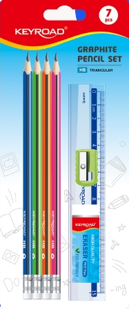 KEYROAD Set de escritura 4 lapiceros, goma, sacapuntas y regla de 15cm