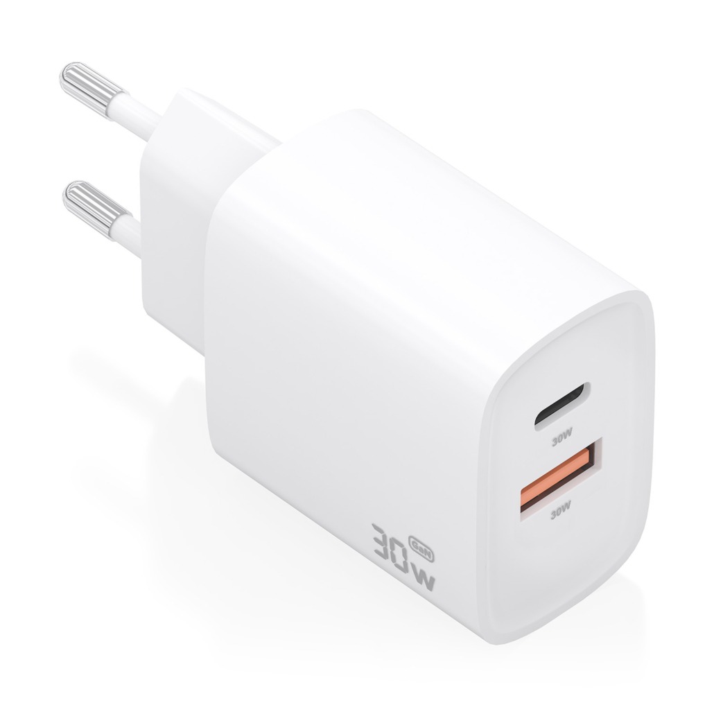 AISENS - CARGADOR GaN 30W, 1xUSB-C PD3.0 QC4.0, 1xUSB-A QC3.0, BLANCO